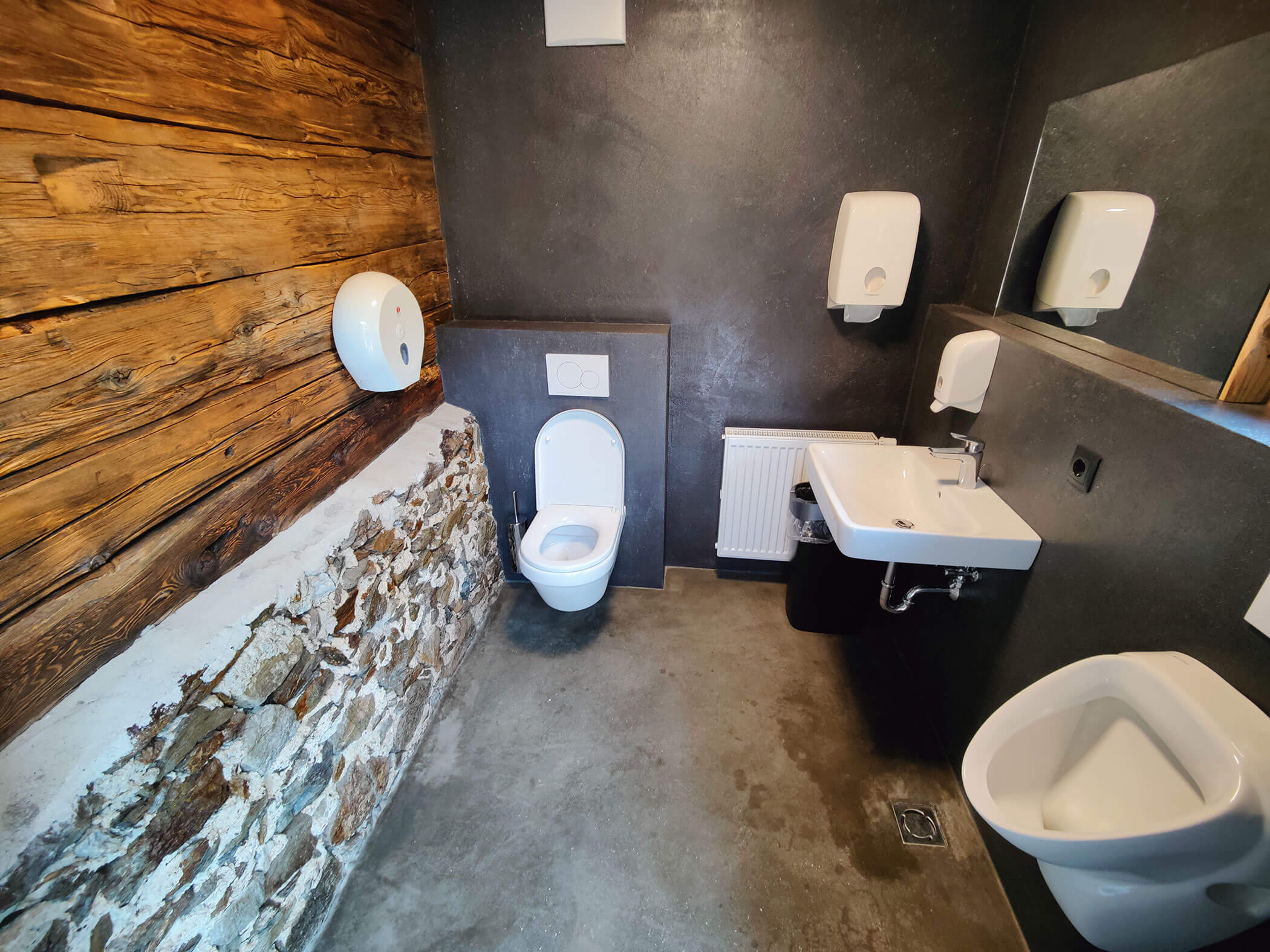 Neu renovierte Toilette mit WC, Pissoir und Waschbecken. Rechts eine Mischung aus Holz- und Steinmauer - Kiebacher Wahlen